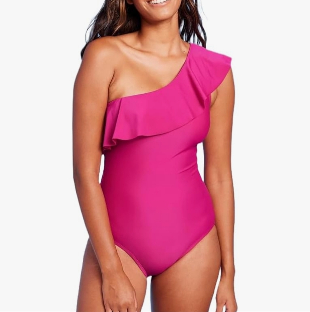 Kona Sol Pink Ruffle One Shoulder Full Coverage One Piece Swimsuit NWT Sz Small
